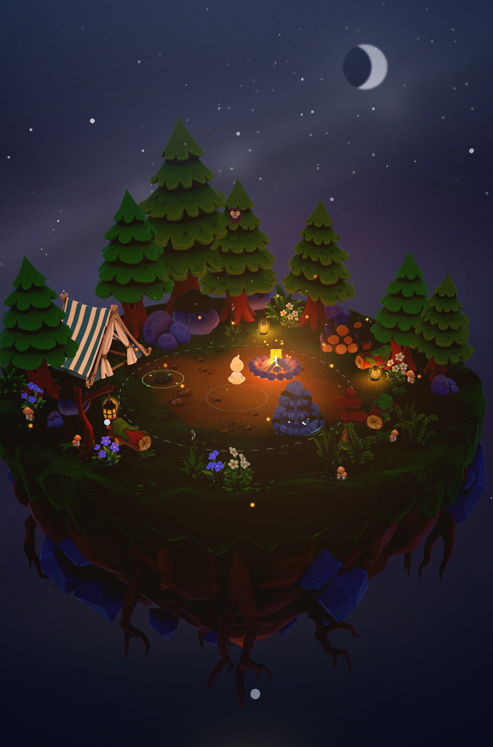 The Don't Disturb night island: a floating meadow with a campfire, tent, pines and fireflies under a crescent moon